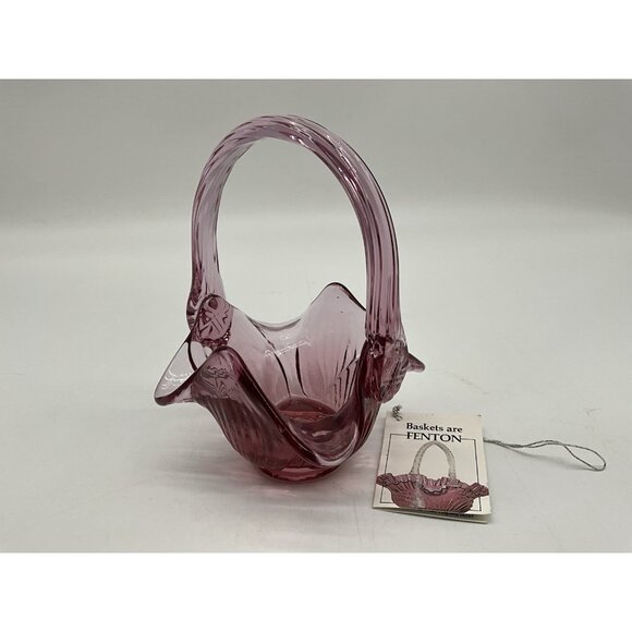 Footed Vintage Fenton Plum Art Glass Basket with Applied Handle 6" Tall Marked - Picture 6 of 16